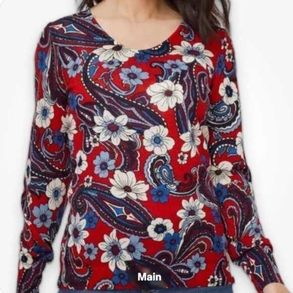 Talbots Sweater Merino Wool Red Paisley Floral Cottagecore Retro Chic M - Picture 10 of 10